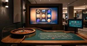 Tavolo da casinò digitale accanto a rulli di slot stilizzati su uno schermo
