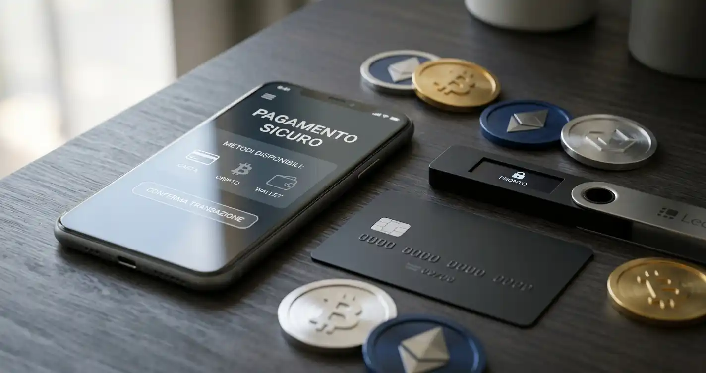 Smartphone e portafoglio digitale accanto a simboli astratti per pagamenti fiat e crypto