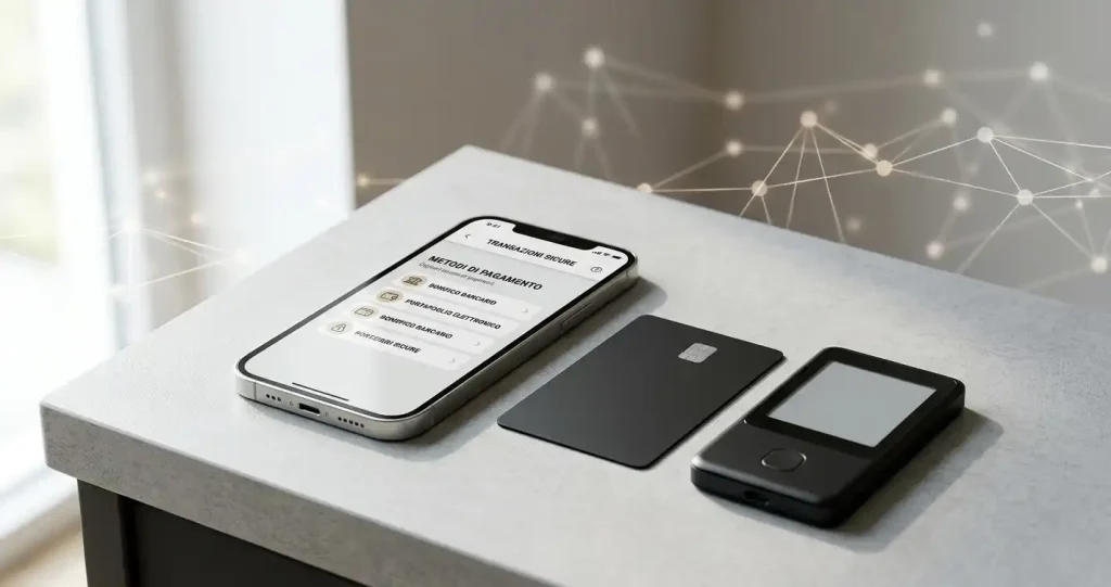 Smartphone, carta di pagamento e portafoglio digitale su una scrivania