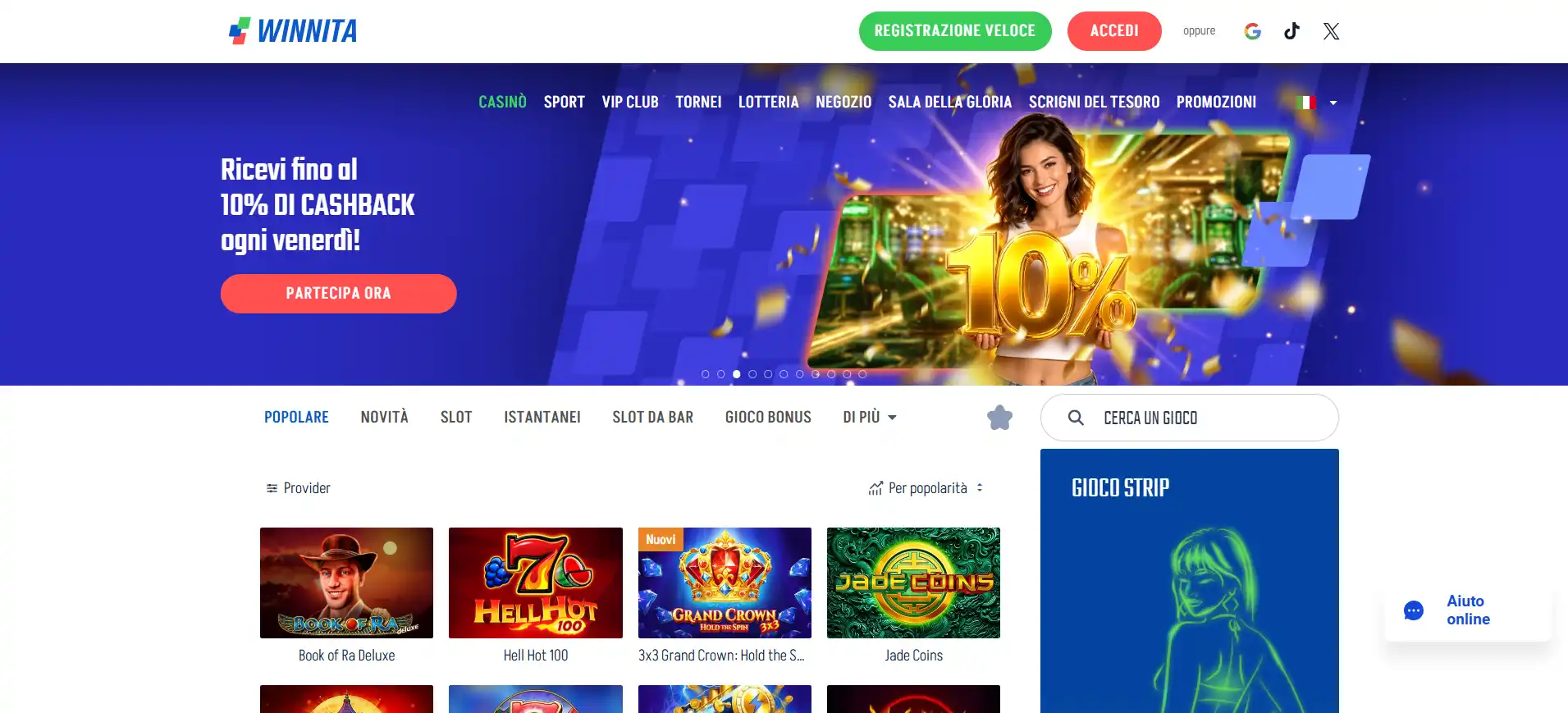 Schermata della pagina principale di Winnita con navigazione e area casinò visibili